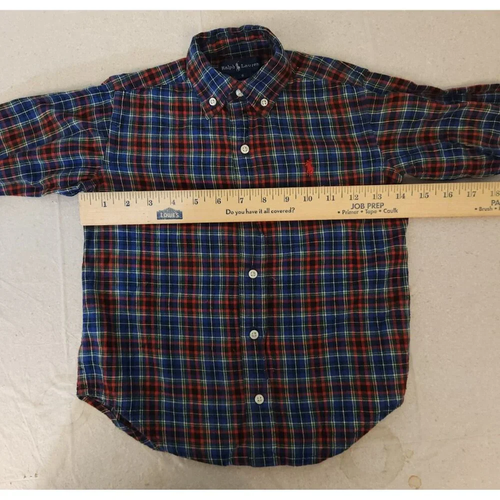 Ralph Lauren Plaid Button Down Shirt Blue Cotton Long‎ Sleeve Boys Size 5 EUC